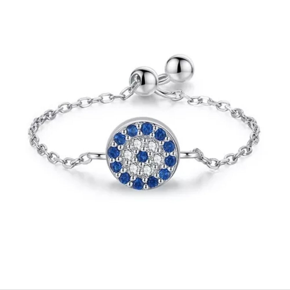 925 Sterling Silver Platinum Plated Blue Eye Chain Ring